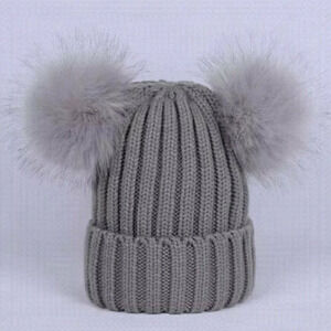 Gray Knitted Pom Pom Beanie
